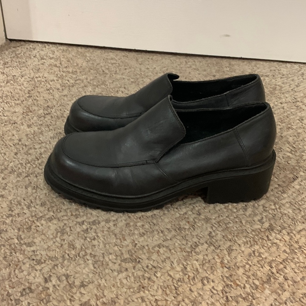 Vtg Sam & Libby black platform school girl loafer chunky heel shoes sz 9